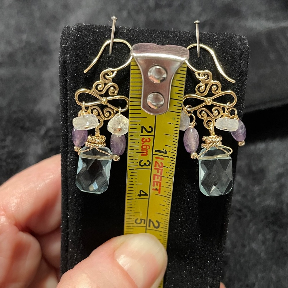 14k Yellow Gold Dangle Earrings with Moon stones, Amethyst and Blue Topaz.